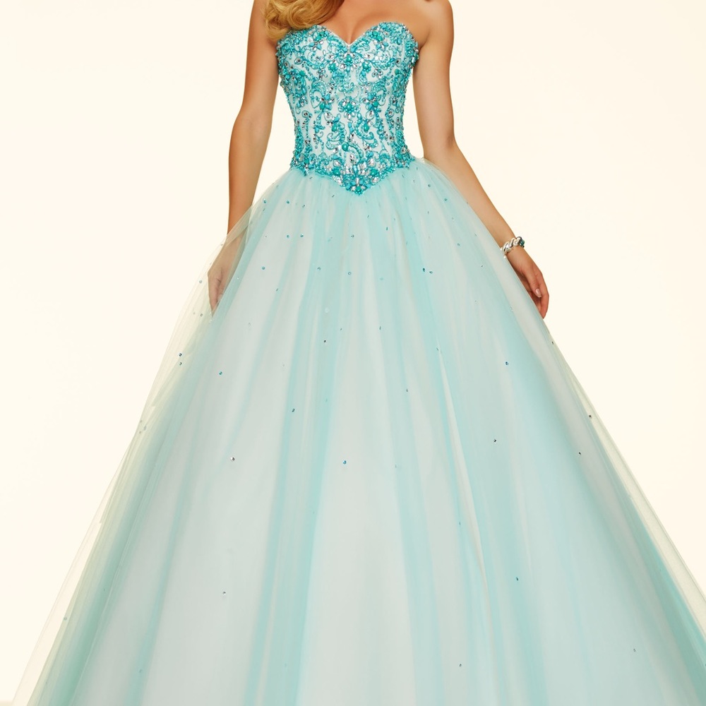 Mori Lee 98079 teal and champagne ball gown.